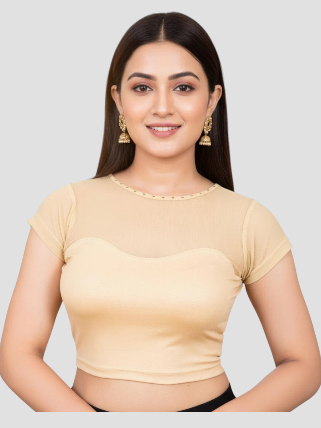 Gold Lycra High Neck Short Sleeves Readymade Blouse