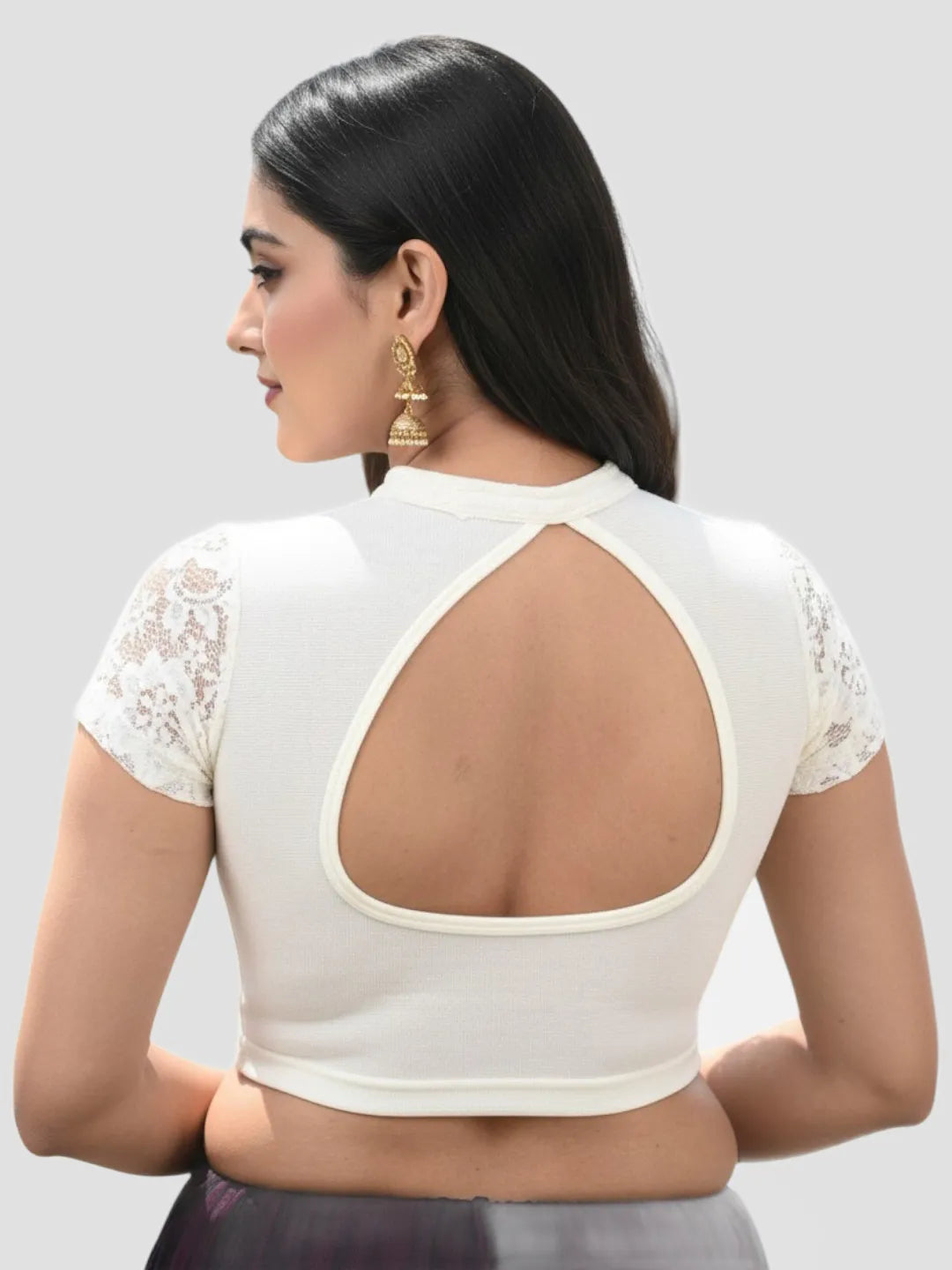 Cream Lace Yoke Stretchable Elastane Readymade Saree Blouse with Back Keyhole