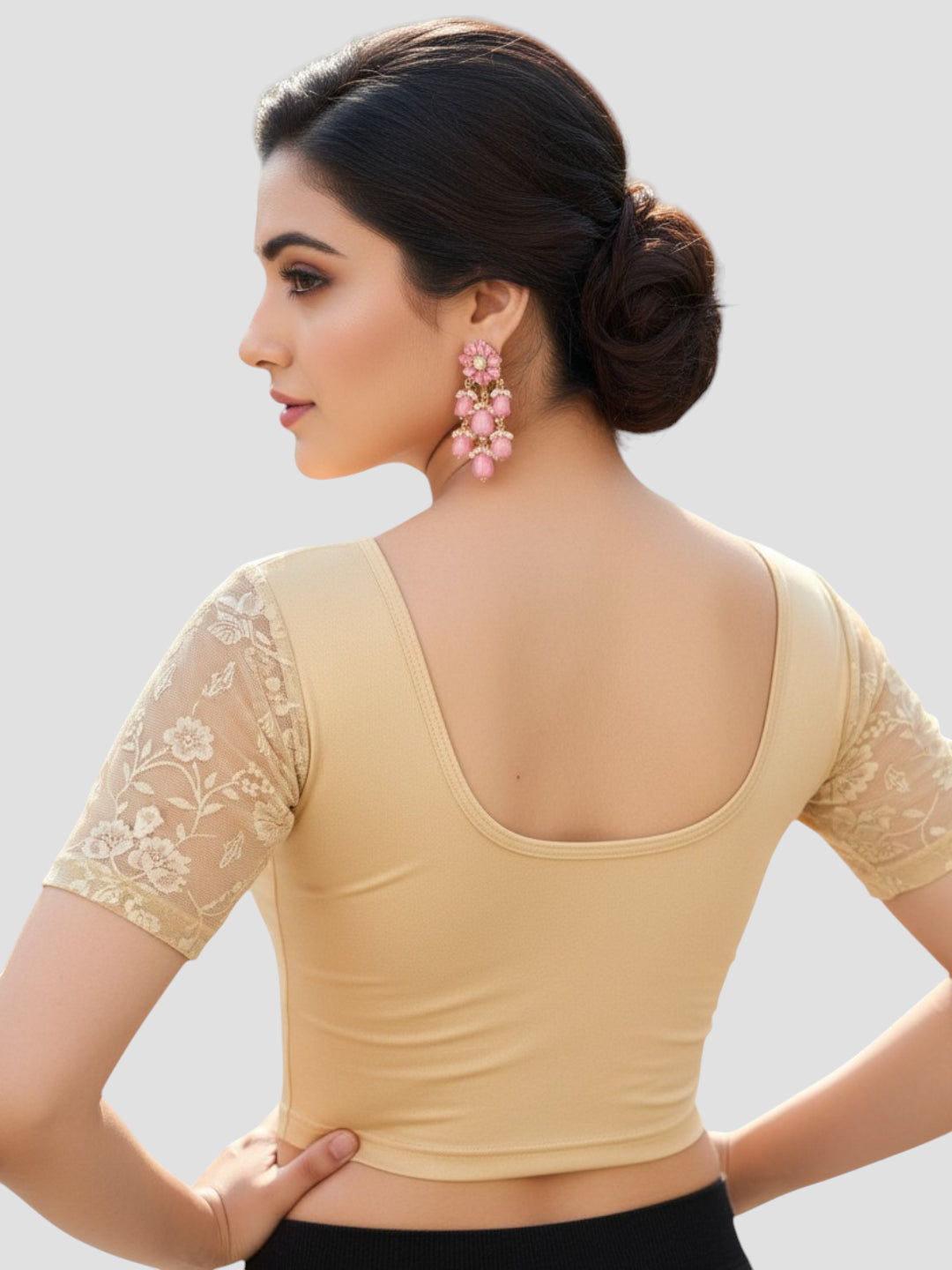 Gold Round Neck Lycra Short Sleeves Readymade Blouse