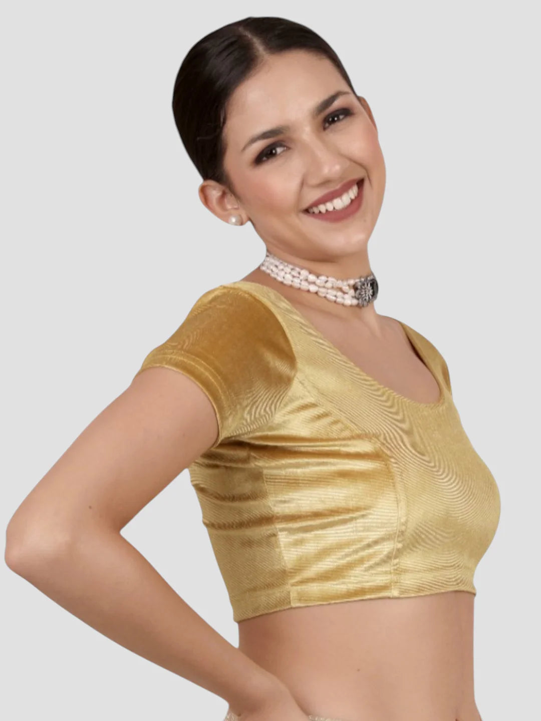 Dark Gold Velvet Round Neck Short Sleeves Readymade Blouse