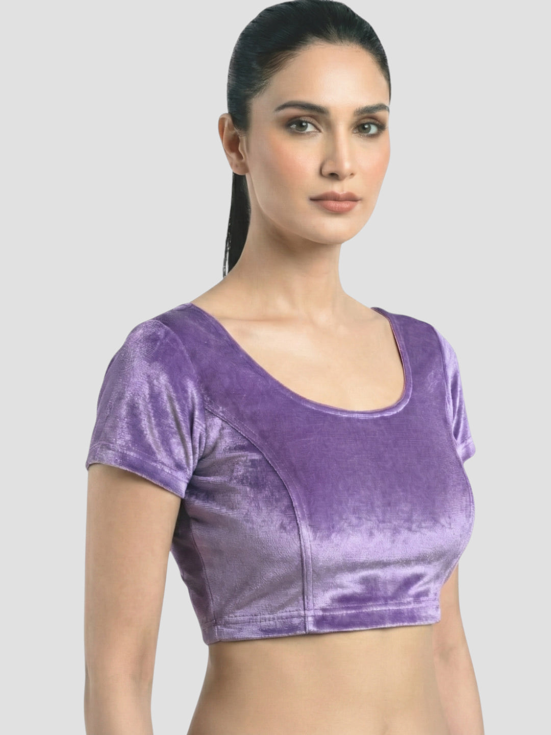 Lylac Purple Velvet Round Neck Short Sleeves Readymade Blouse