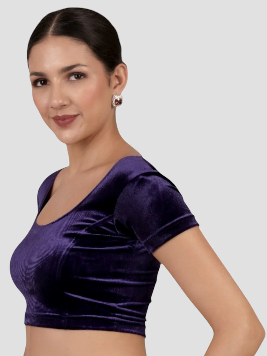 Purple Velvet Round Neck Short Sleeves Readymade Blouse