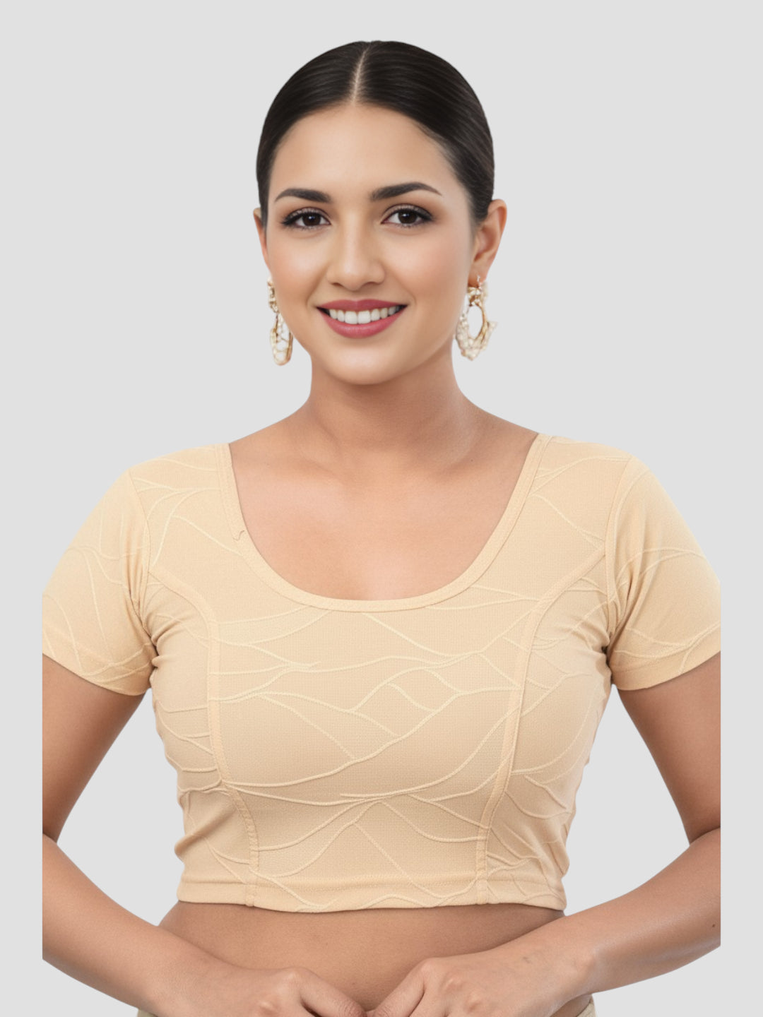 Gold Round Neck Lycra Short Sleeves Readymade Blouse