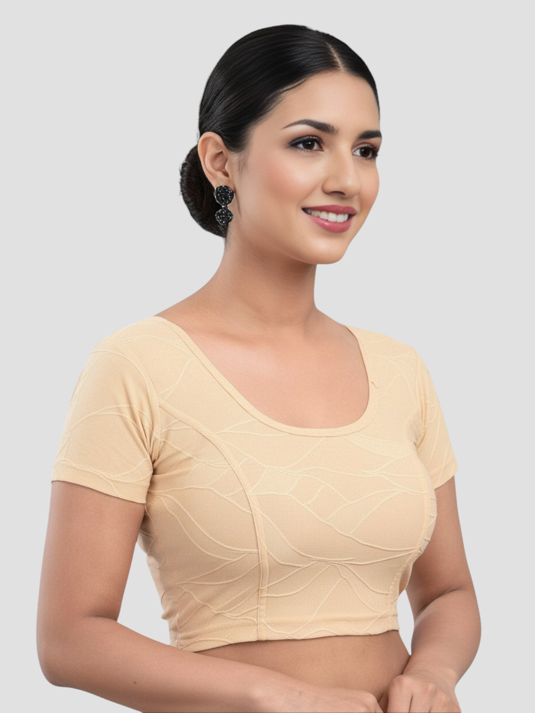 Gold Round Neck Lycra Short Sleeves Readymade Blouse