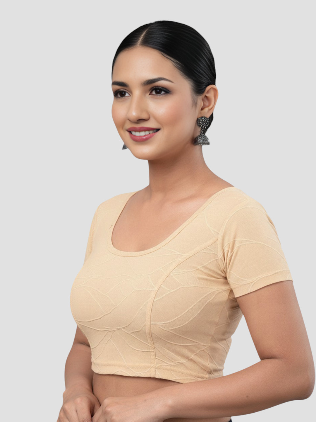 Gold Round Neck Lycra Short Sleeves Readymade Blouse