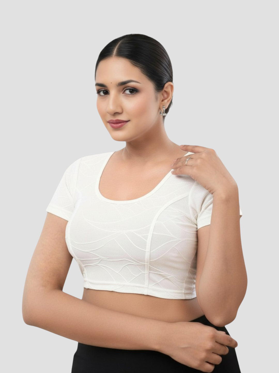 White Lycra Round Neck Short Sleeves Readymade Blouse