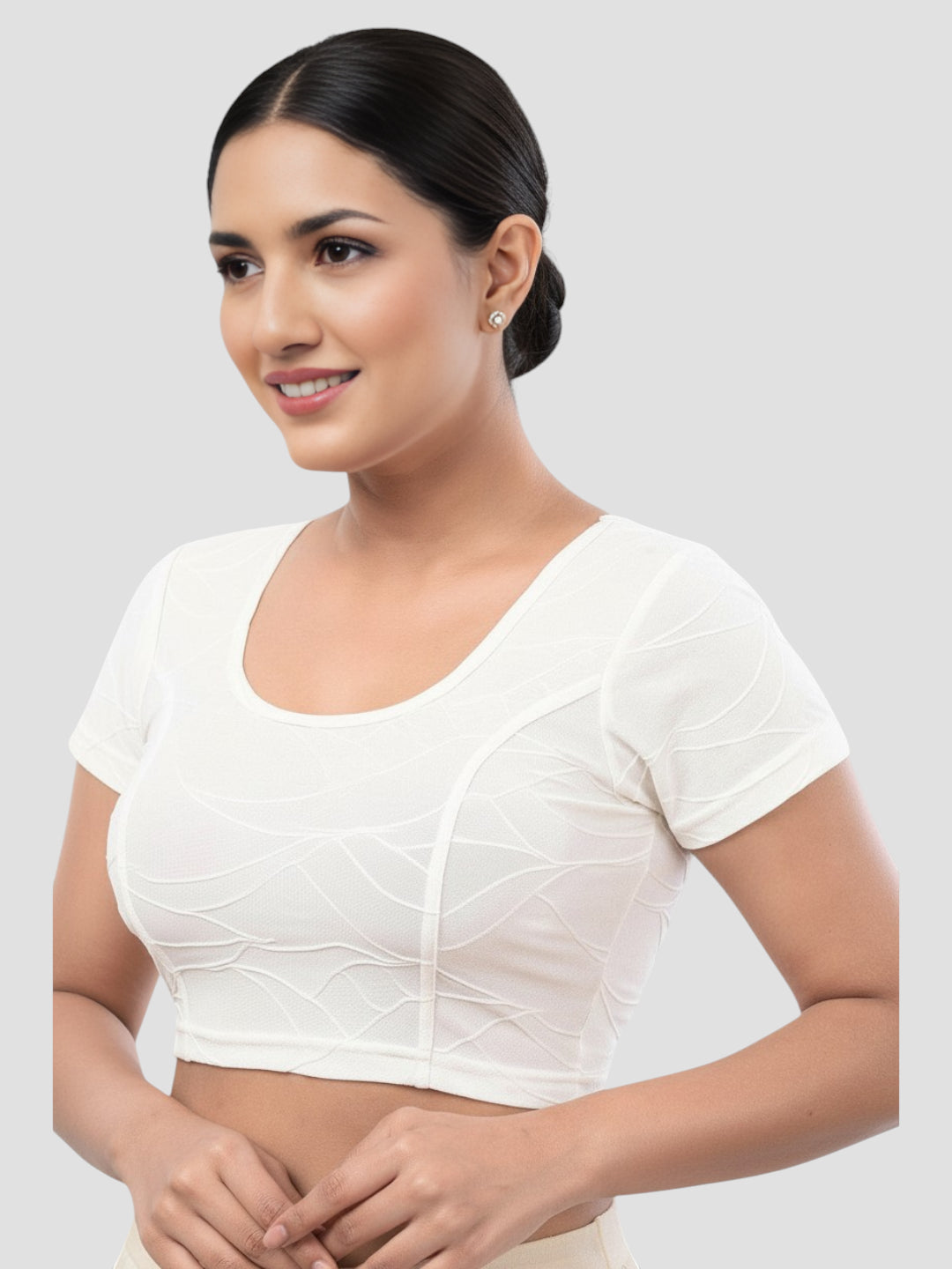 White Lycra Round Neck Short Sleeves Readymade Blouse