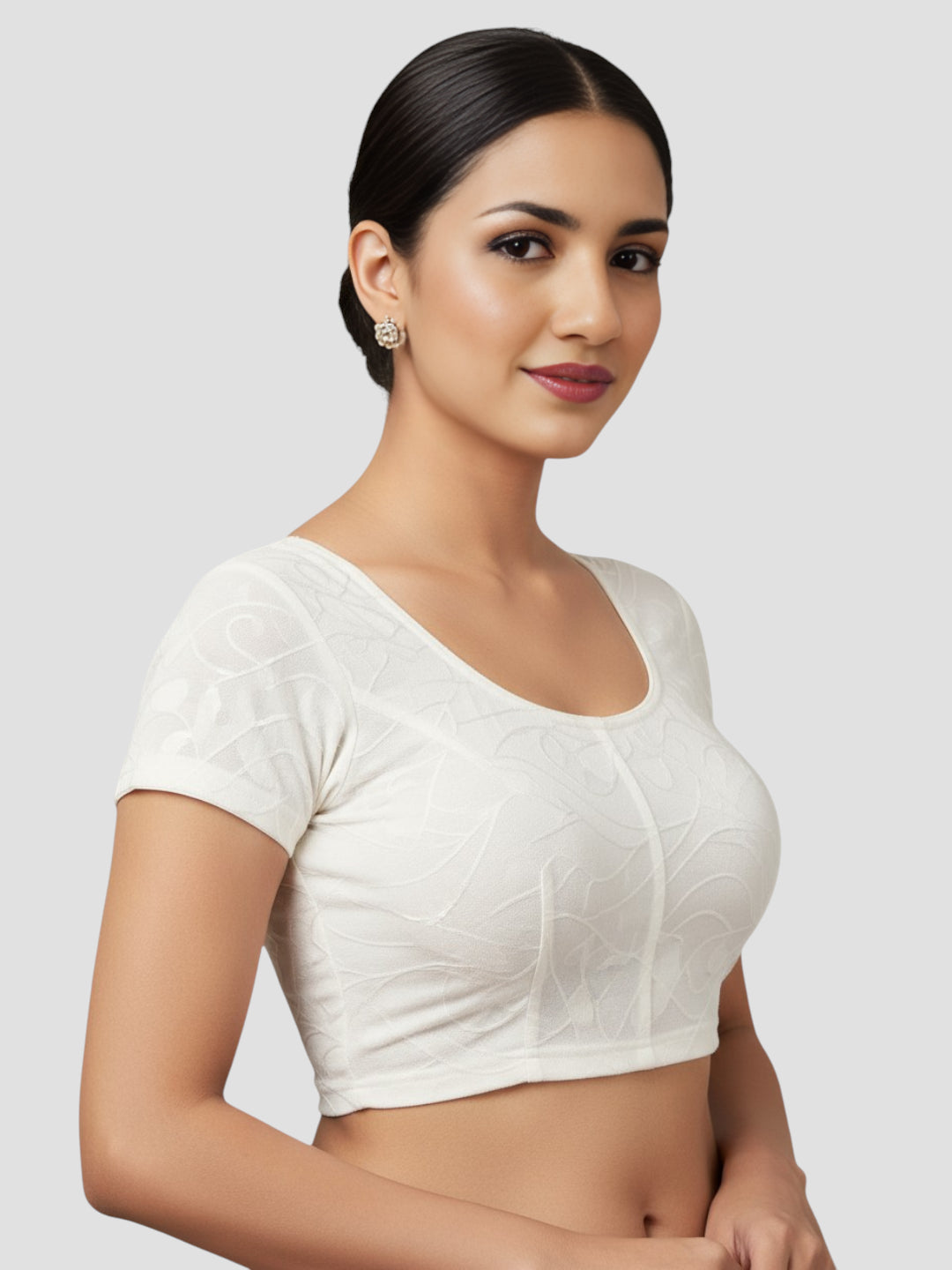 White Lycra Round Neck Short Sleeves Readymade Blouse