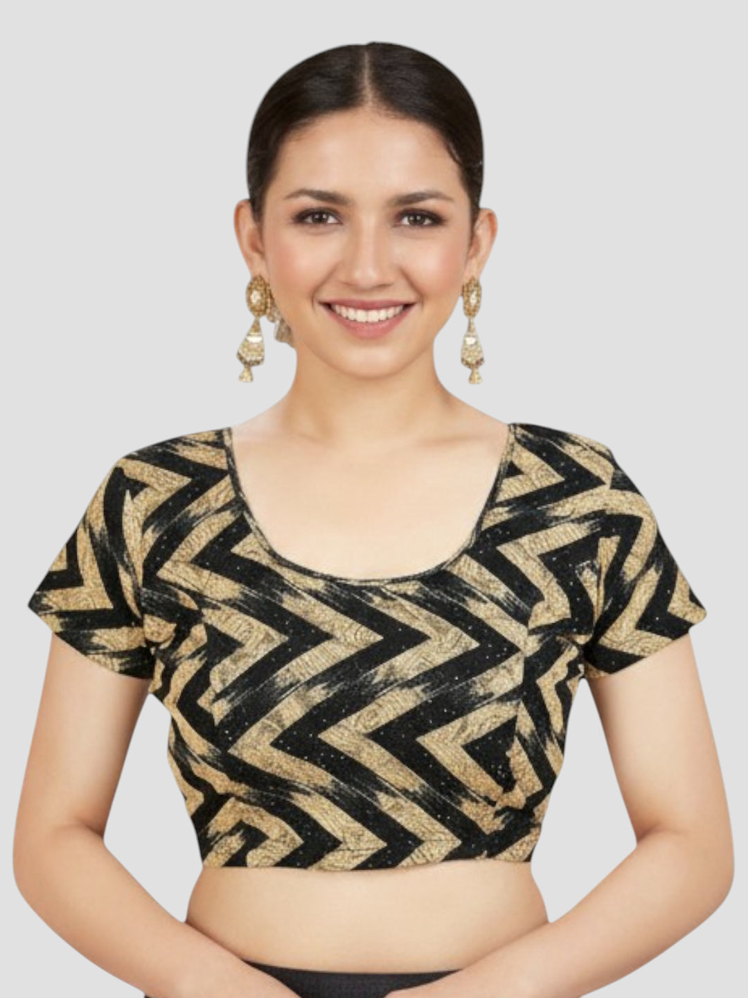 Black Round Neck Lycra Short Sleeves Readymade Blouse