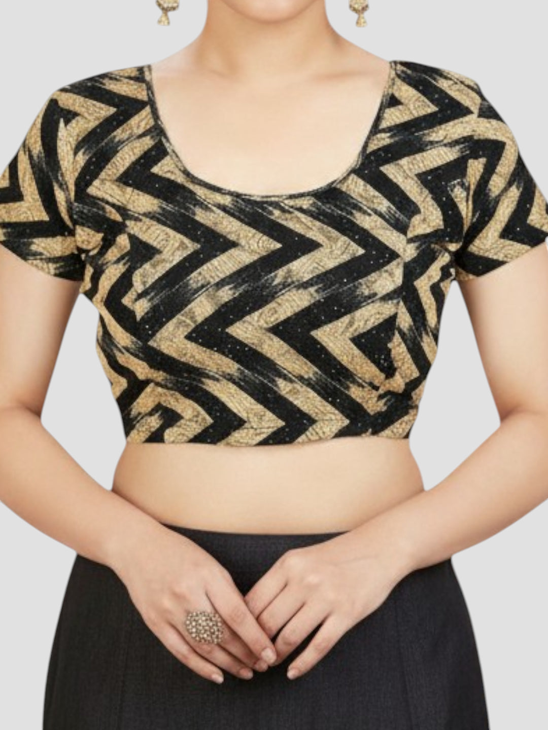 Black Round Neck Lycra Short Sleeves Readymade Blouse