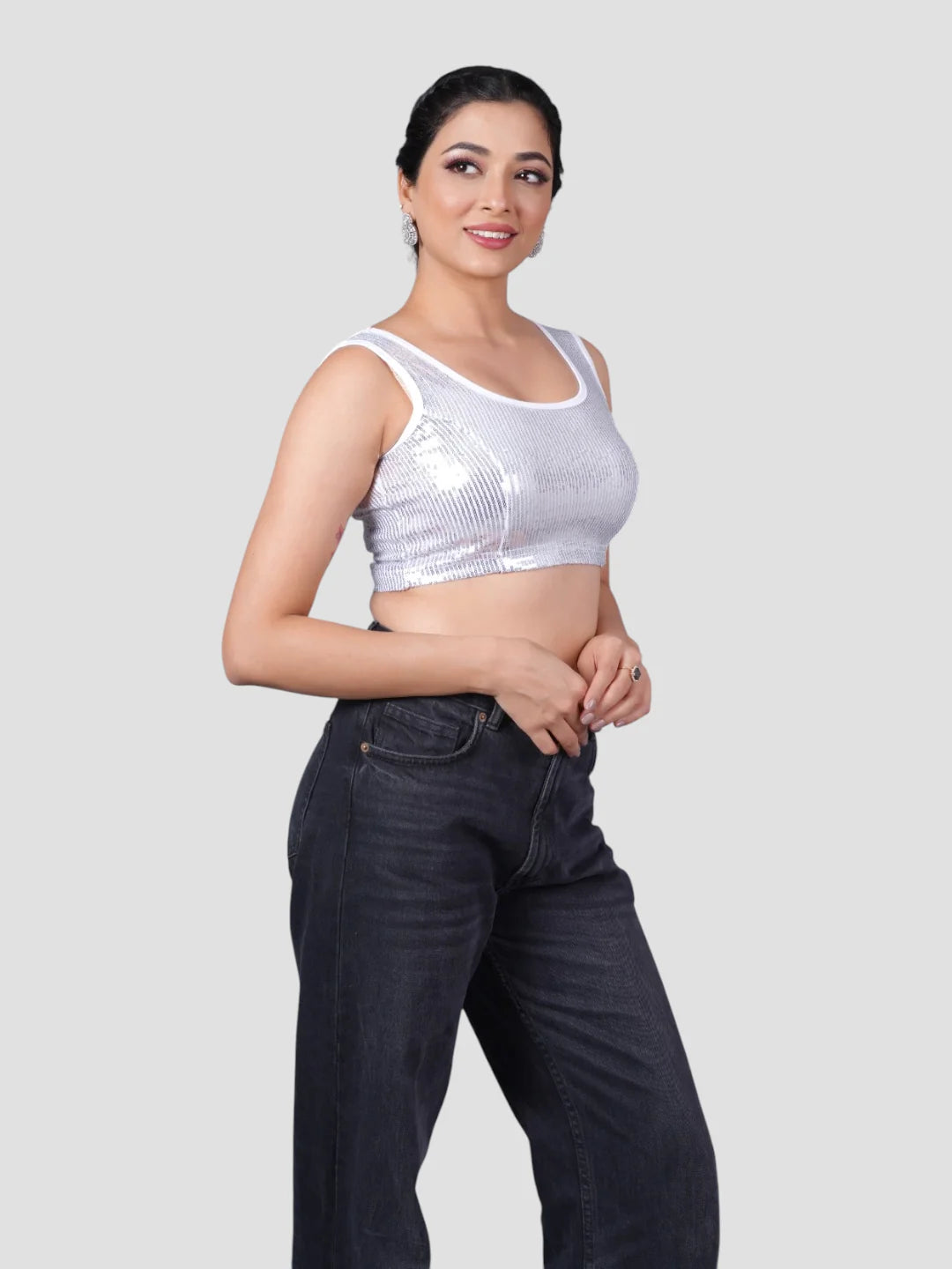 Silver Sequence Round Neck Sleeveless Readymade Blouse