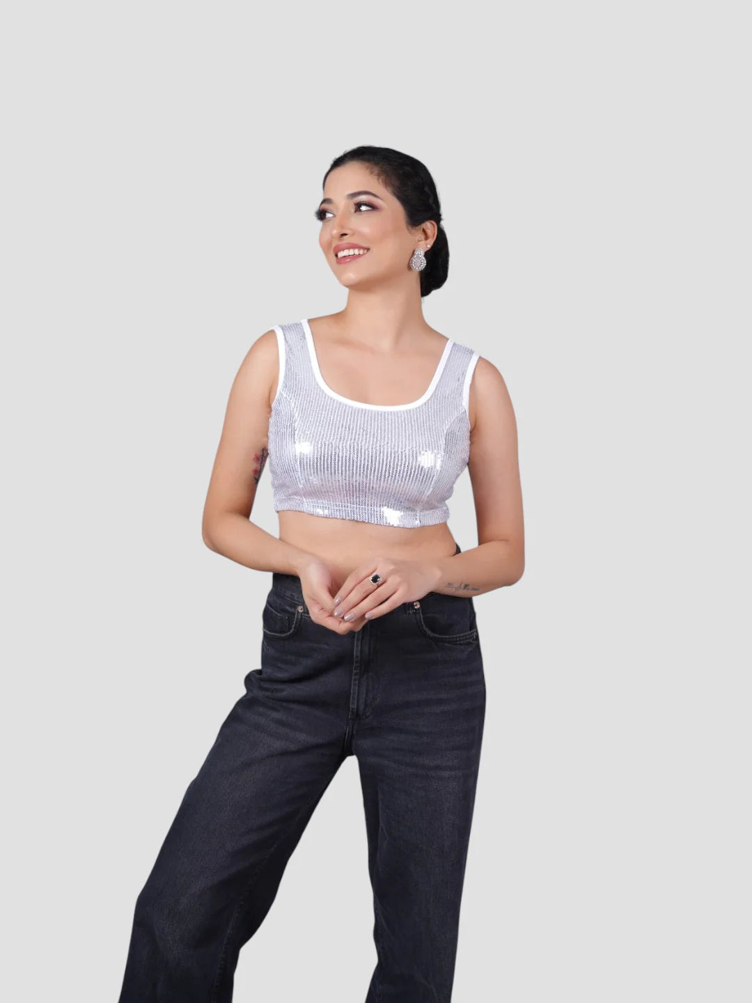 Silver Sequence Round Neck Sleeveless Readymade Blouse
