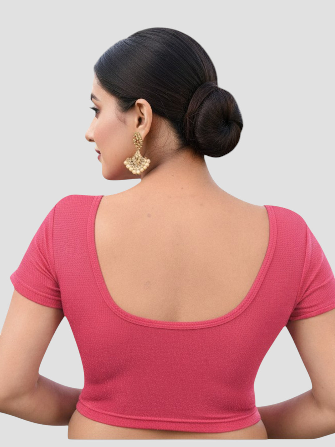 Pink Lycra Round Neck Short Sleeves Readymade Blouse