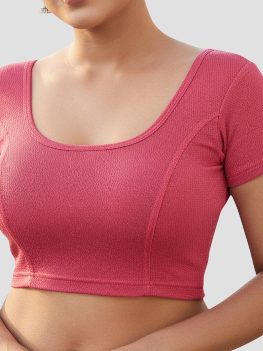 Pink Lycra Round Neck Short Sleeves Readymade Blouse