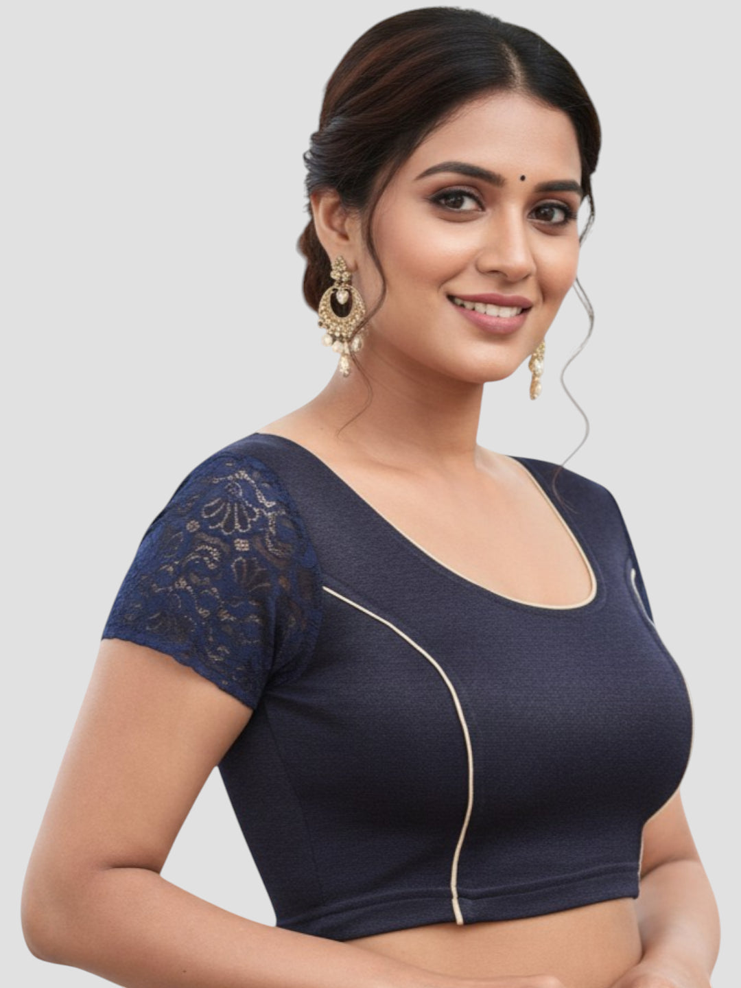 Navy Blue Lycra Round Neck Short Sleeves Readymade Blouse