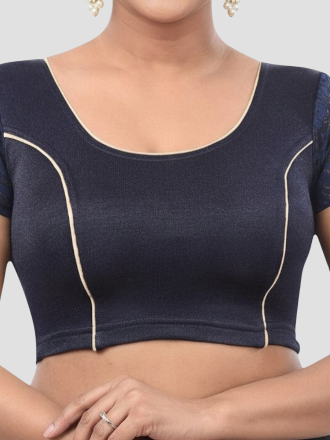 Navy Blue Lycra Round Neck Short Sleeves Readymade Blouse