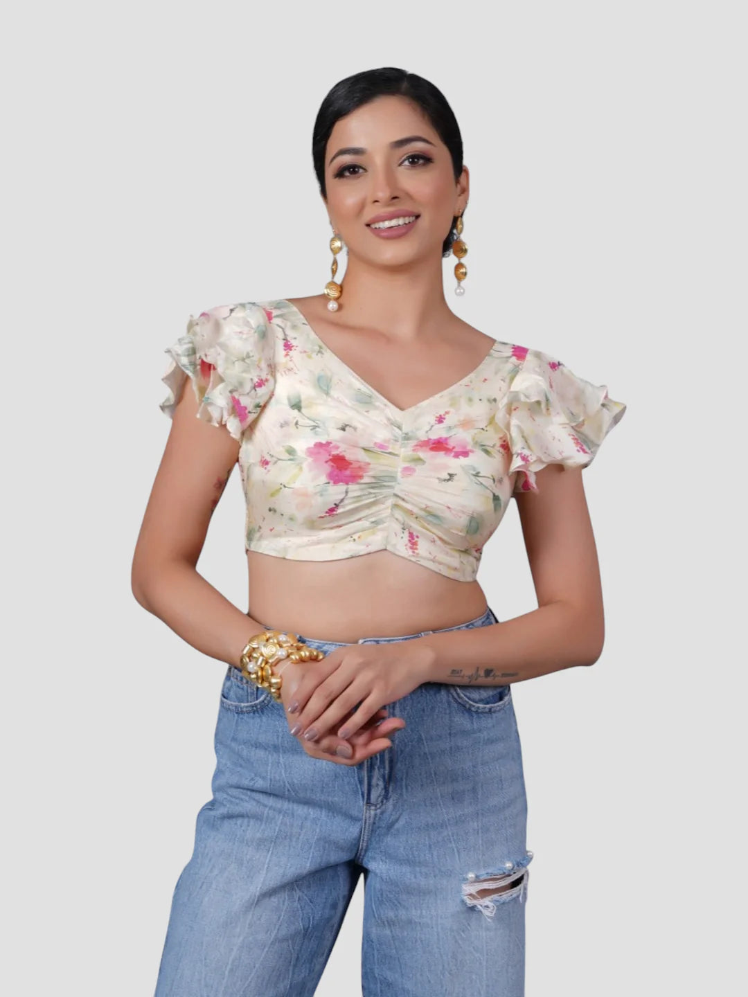 Cream V Neck Ruffle Sleeves Readymade Blouse - XXS-32