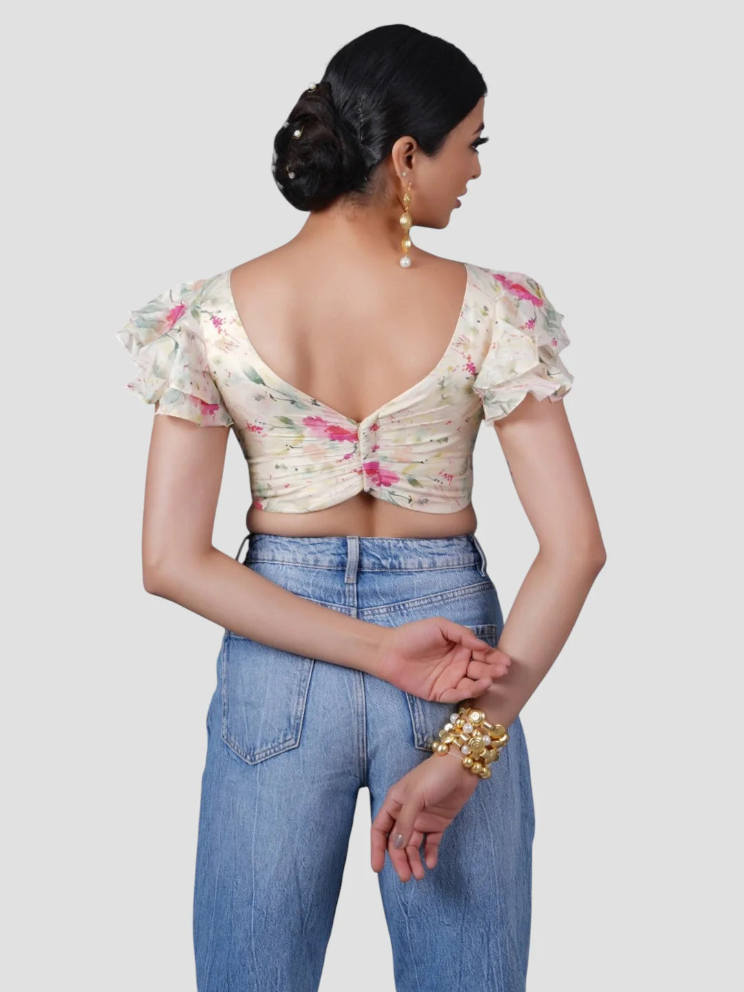 Cream V Neck Ruffle Sleeves Readymade Blouse - XXS-32