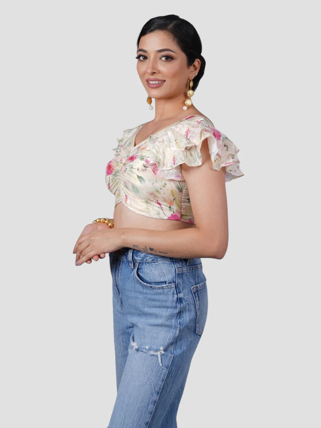 Cream V Neck Ruffle Sleeves Readymade Blouse - XXS-32