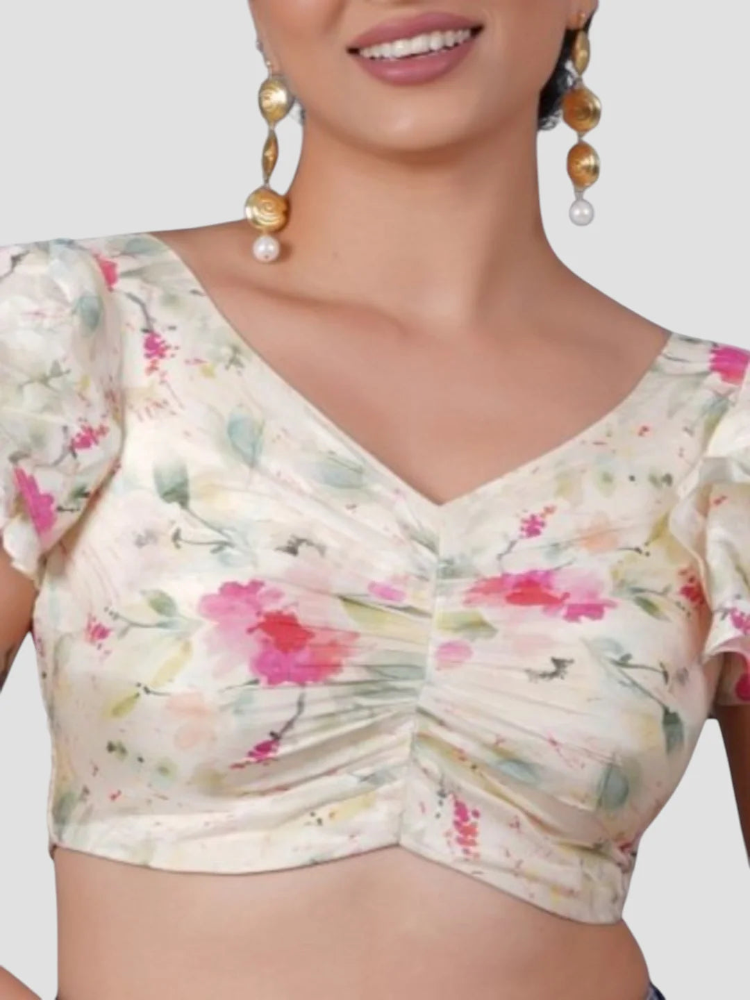 Cream V Neck Ruffle Sleeves Readymade Blouse - XXS-32