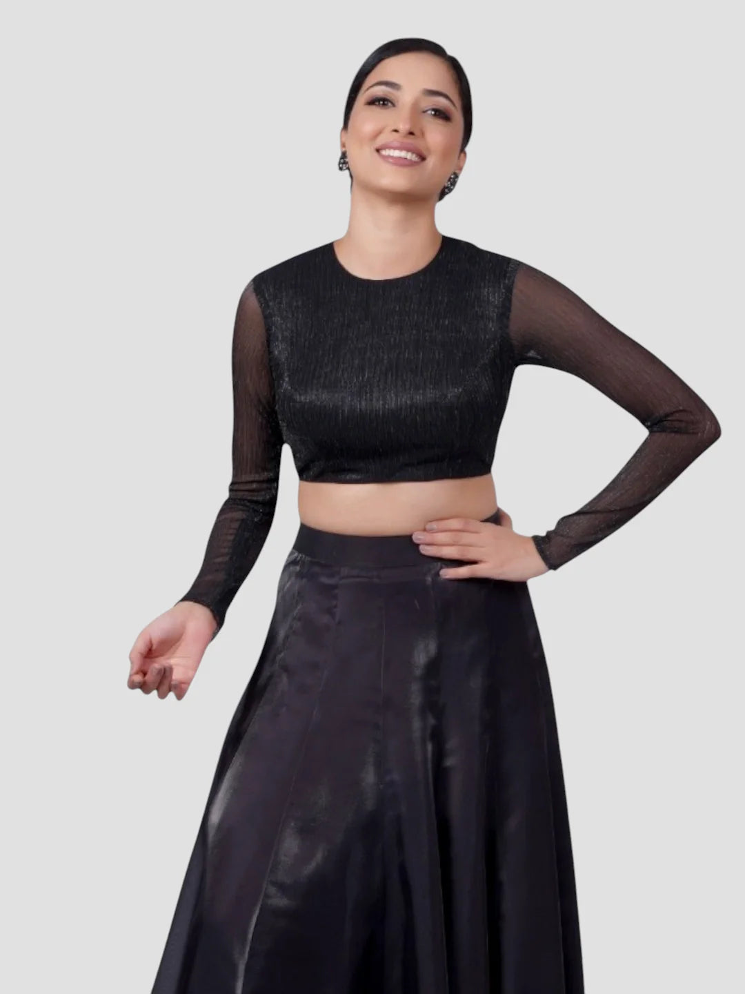 Black Tissue High Neck Full Sleeves Readymade Blouse