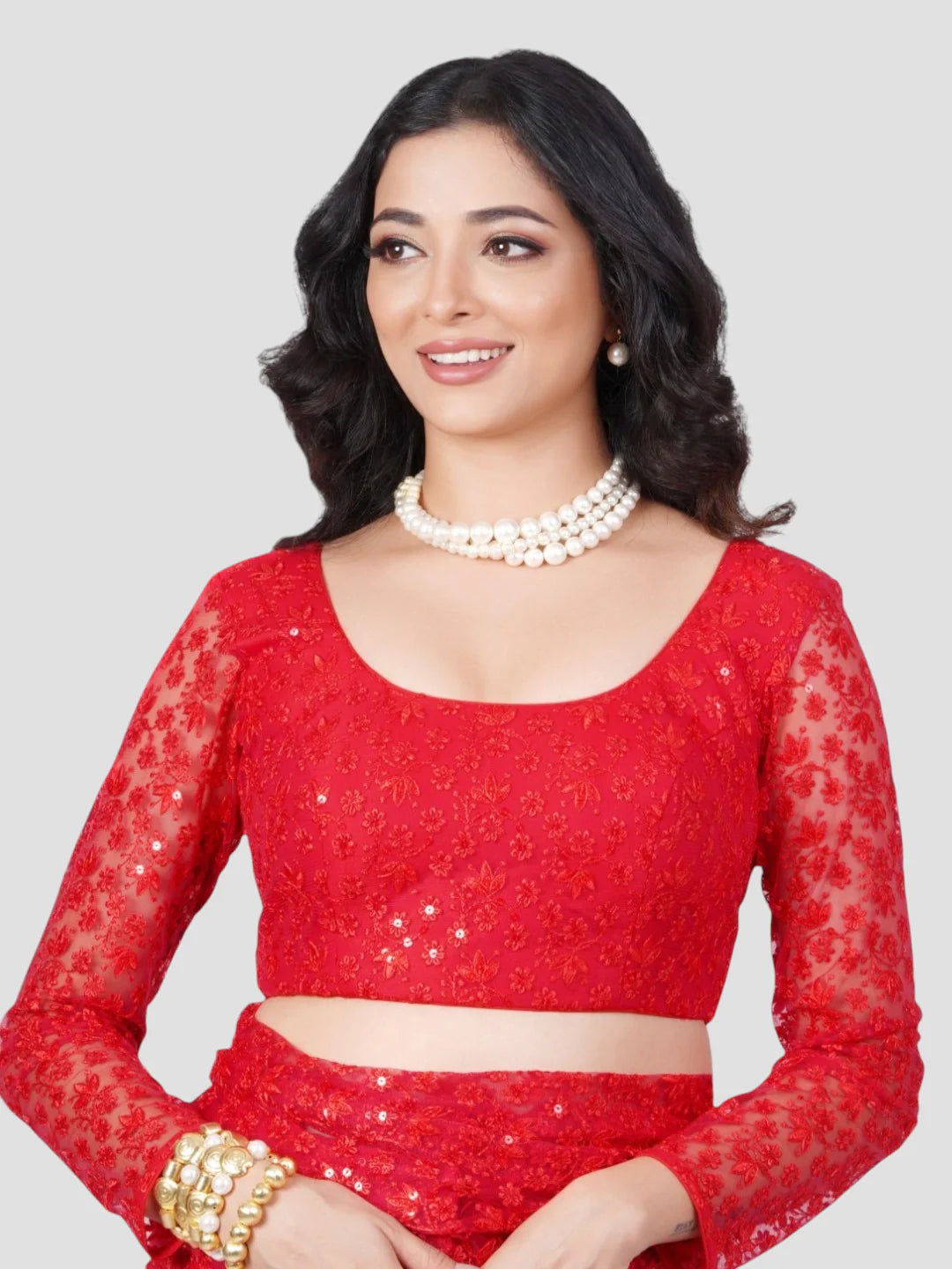 Red Floral Net Round Neck Full Sleeves Readymade Blouse