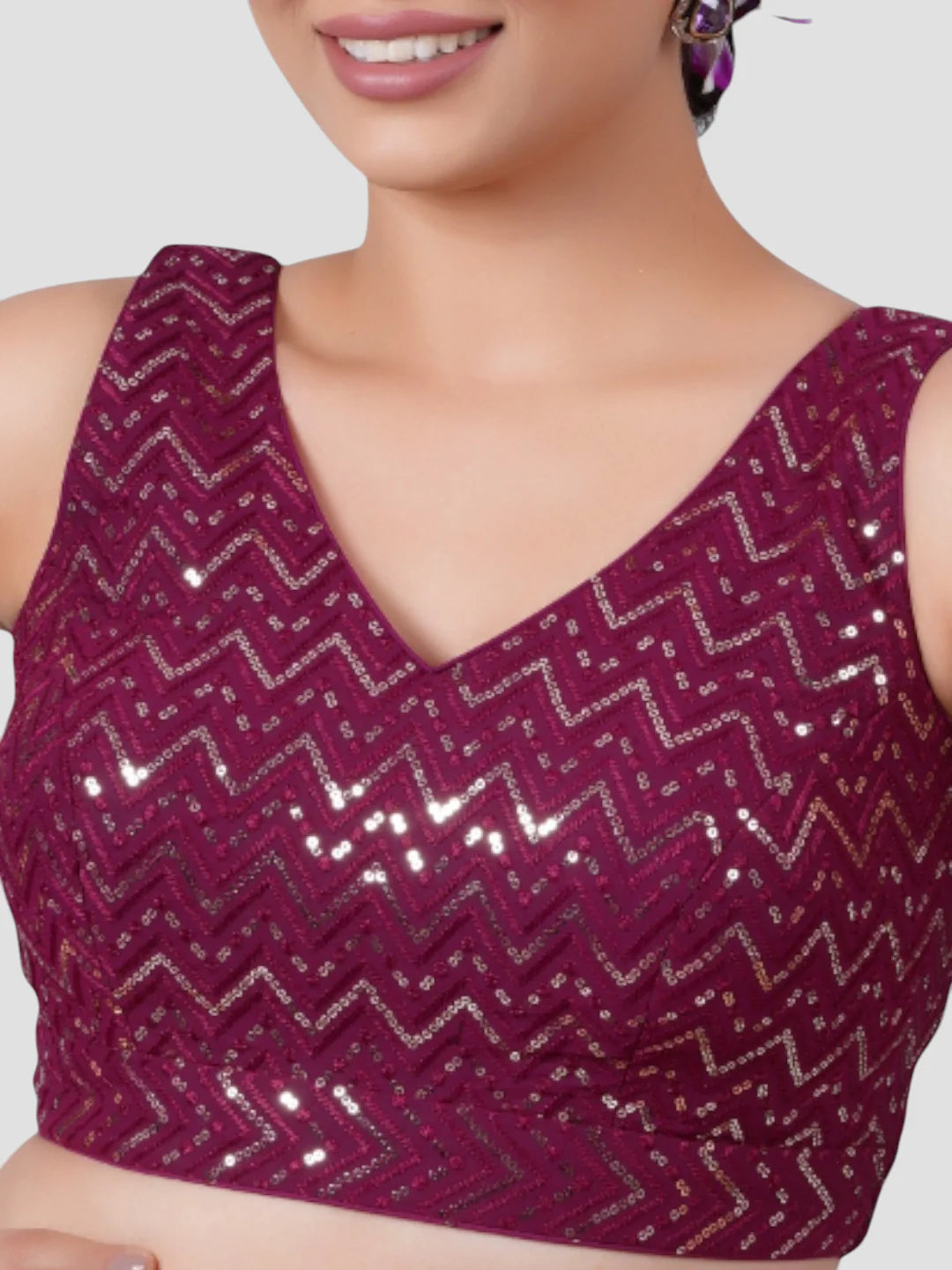 Wine Georgette V Neck Sleeveless Readymade Blouse