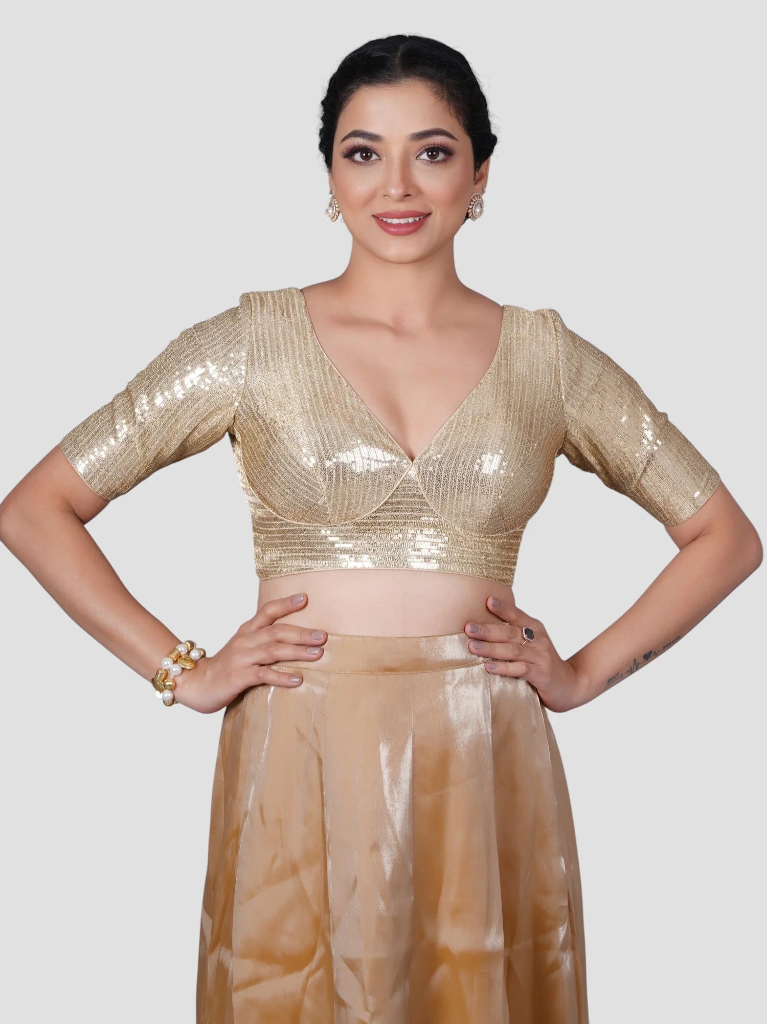 Gold Sequence Half Sleeves Readymade Saree Blouse