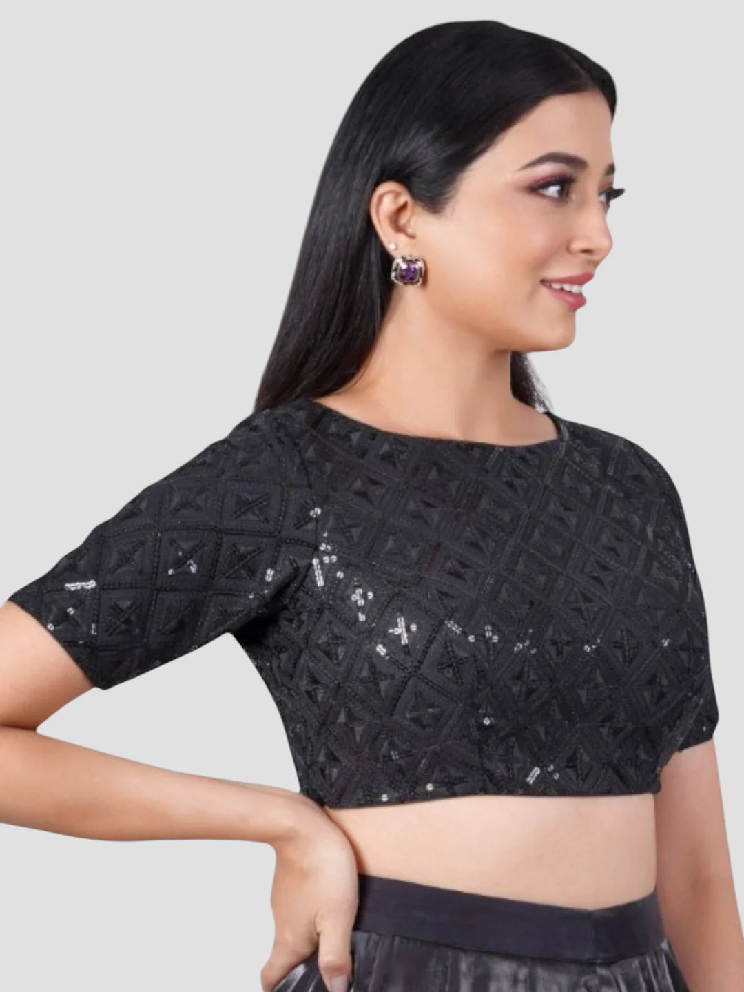 Black Sequence Threadwork High Neck Readymade Saree Blouse