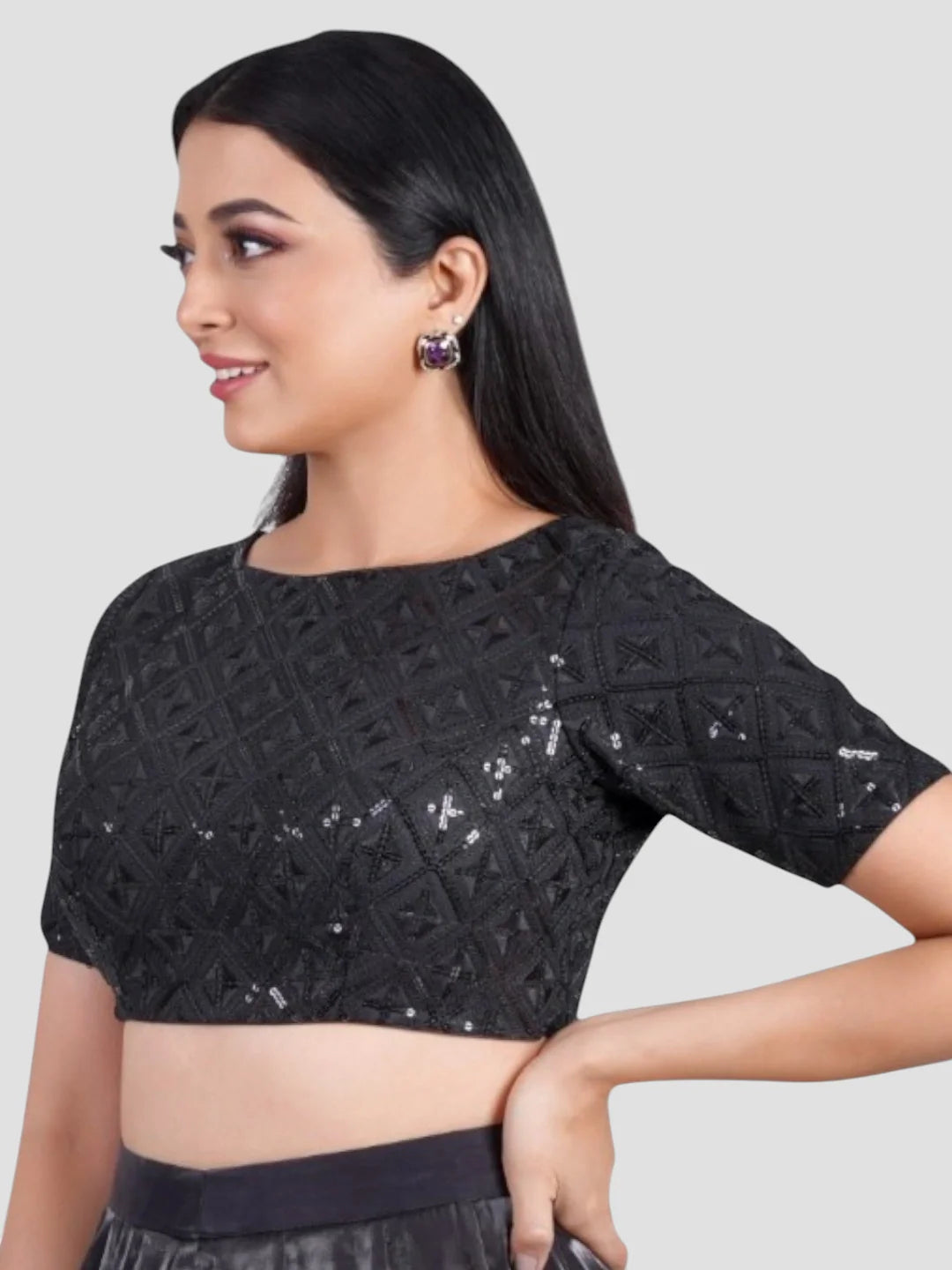 Black Sequence Threadwork High Neck Readymade Saree Blouse