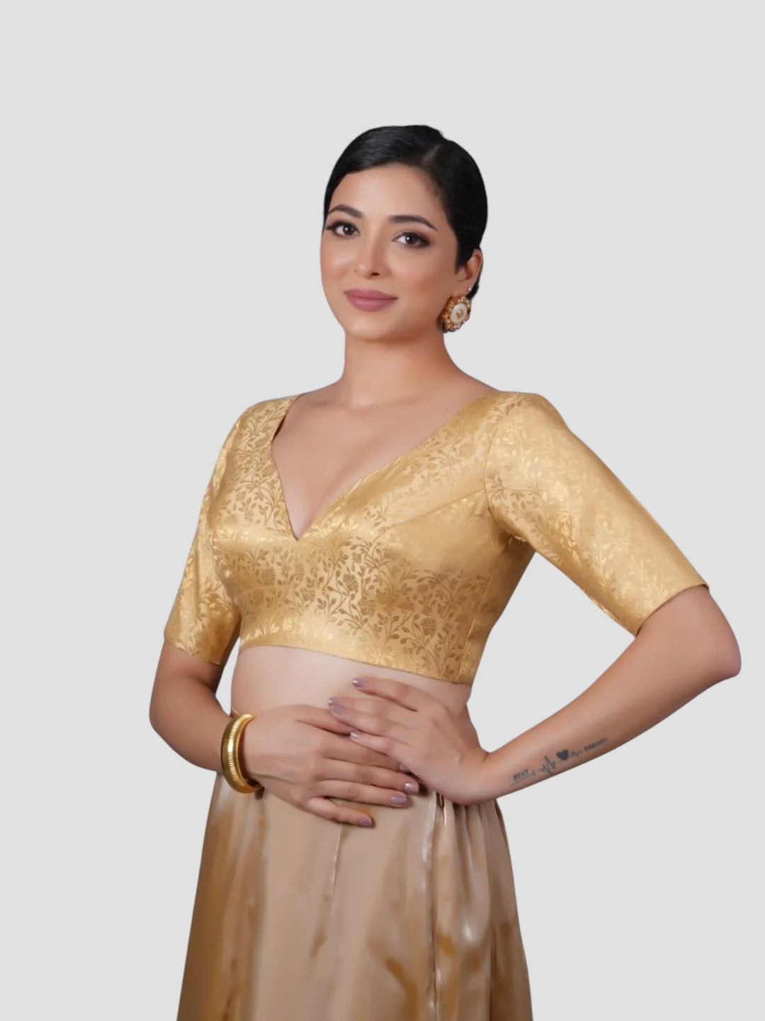 Gold Brocade Deep Neck Half Sleeves Readymade Blouse