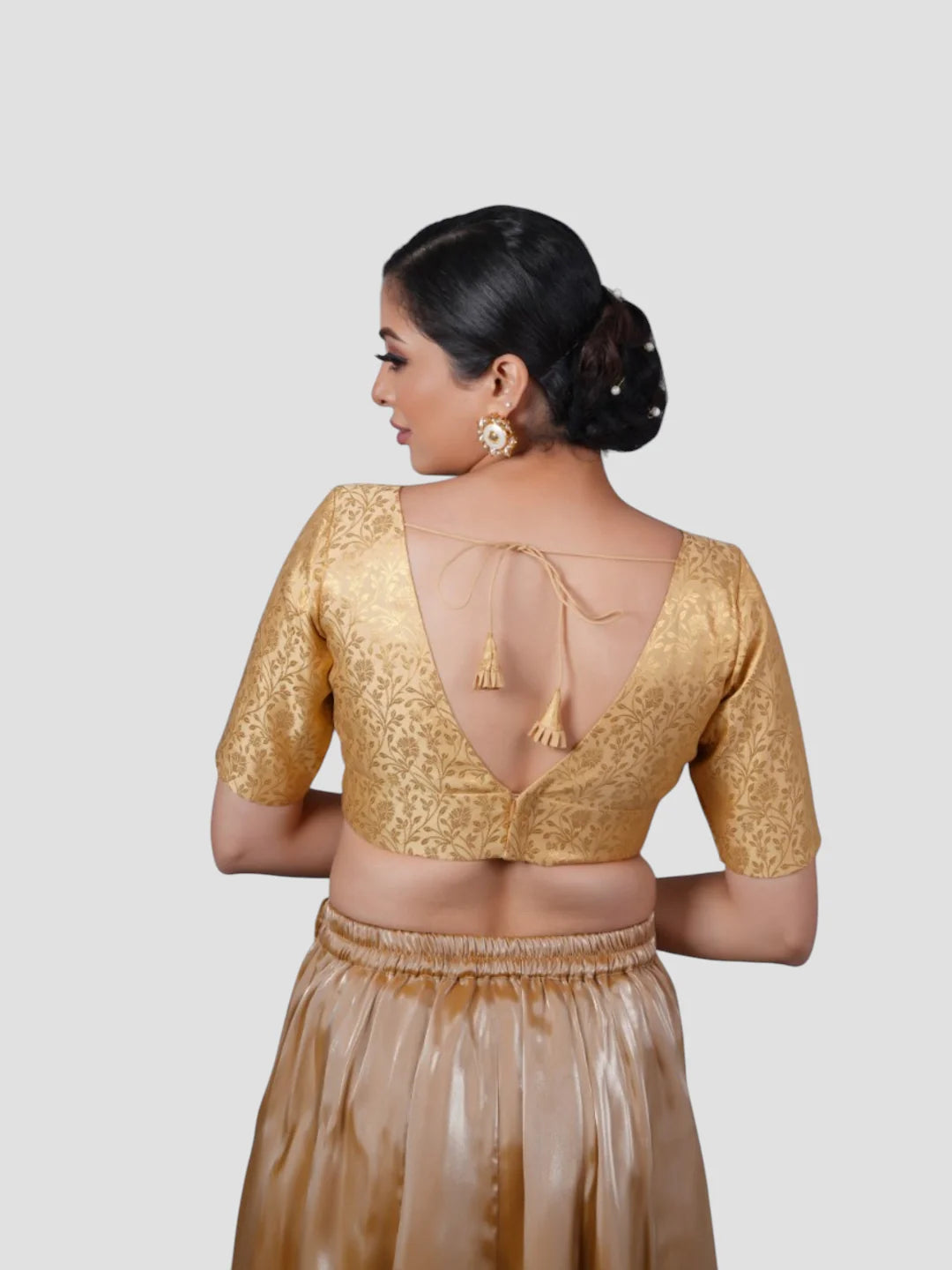 Gold Brocade Deep Neck Half Sleeves Readymade Blouse