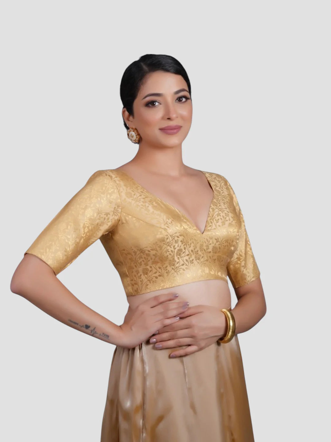 Gold Brocade Deep Neck Half Sleeves Readymade Blouse