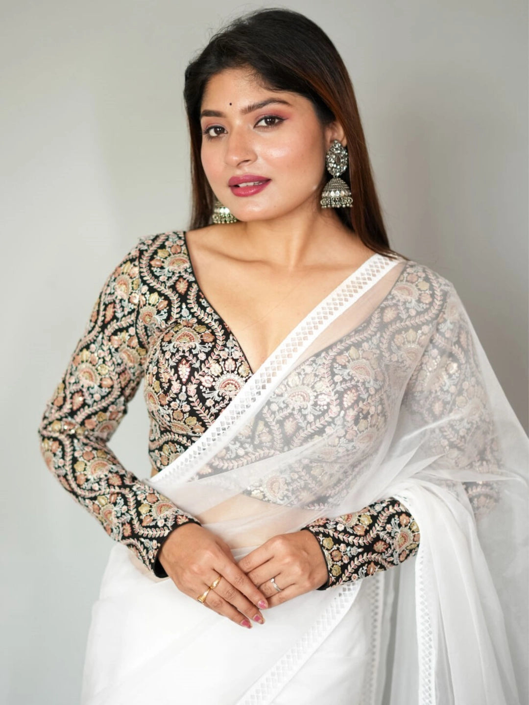 Black Deep Neck Full Sleeves Readymade Blouse