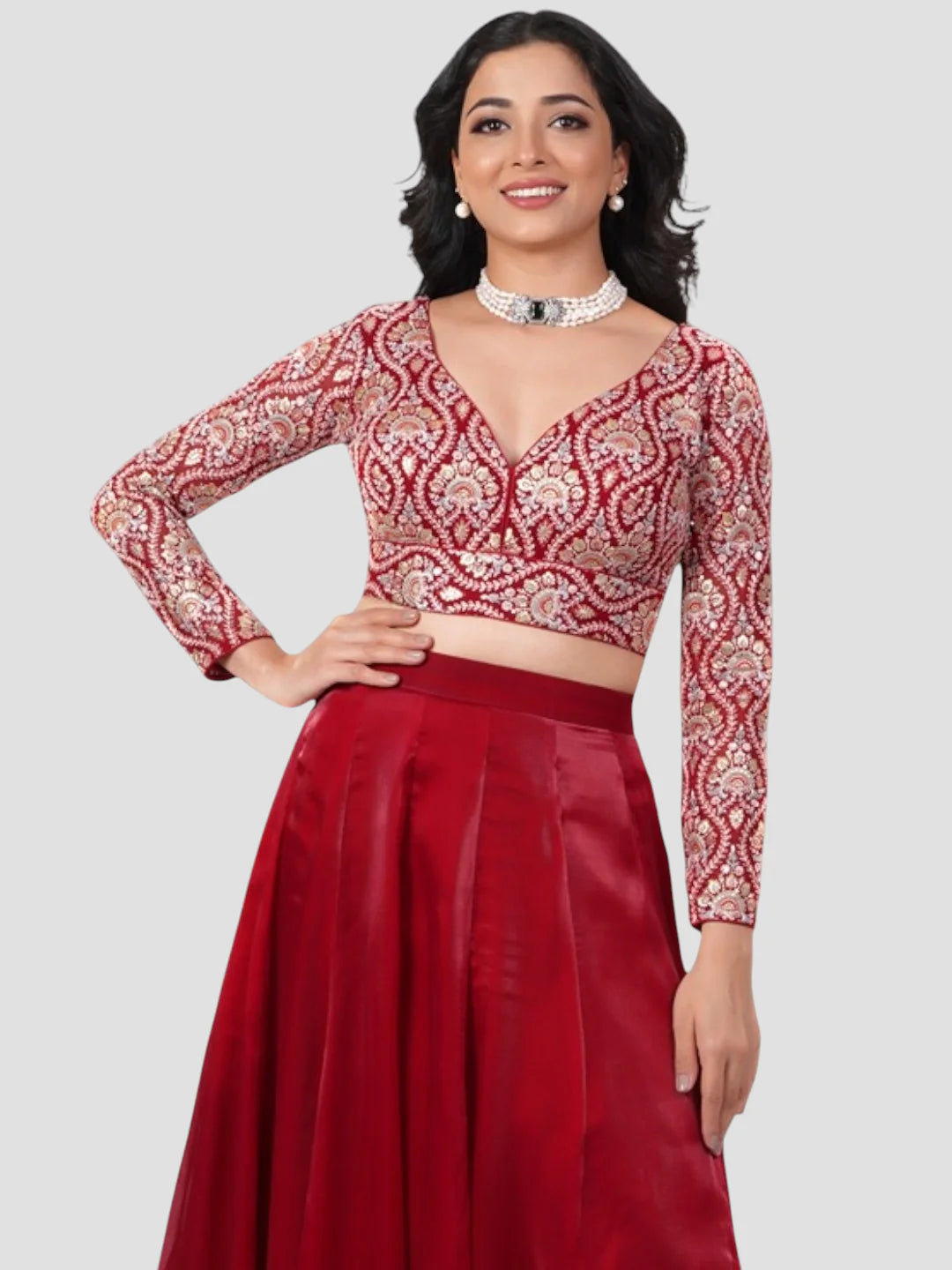 Maroon Deep Neck Full Sleeves Readymade Blouse
