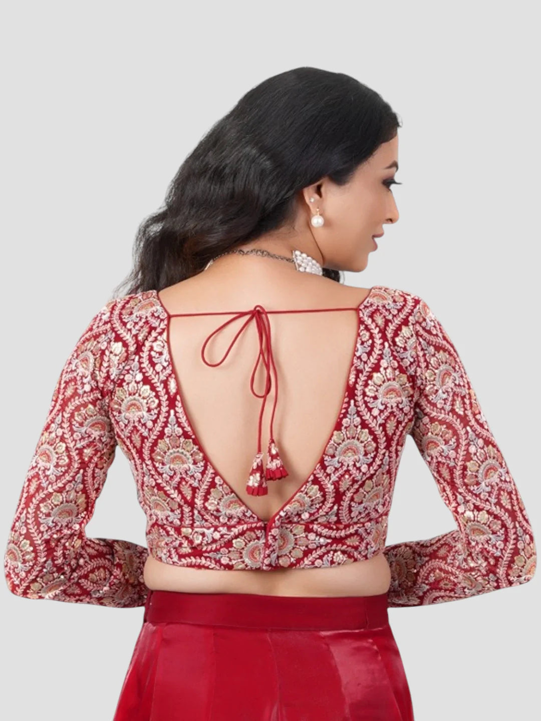 Maroon Deep Neck Full Sleeves Readymade Blouse