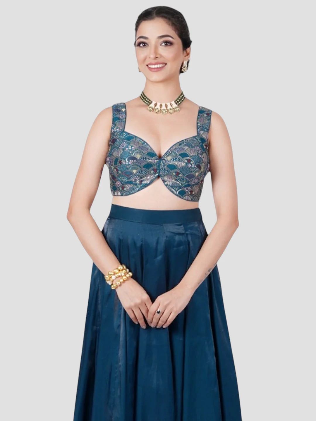 Green Brocade Deep Neck Sleeveless Readymade Blouse