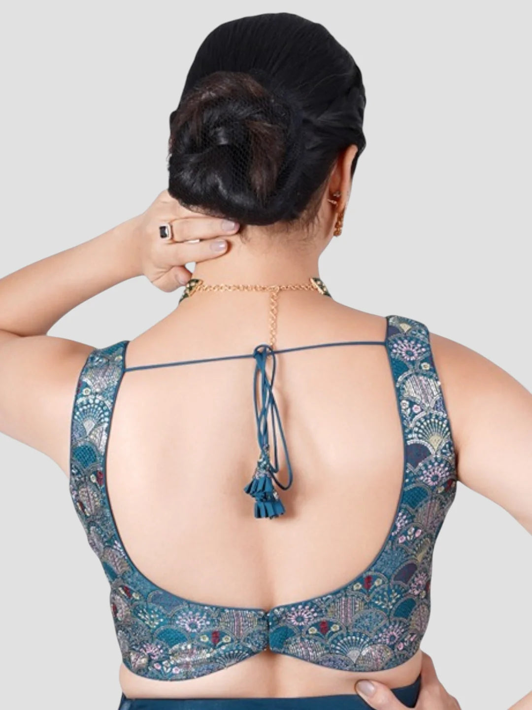 Green Brocade Deep Neck Sleeveless Readymade Blouse