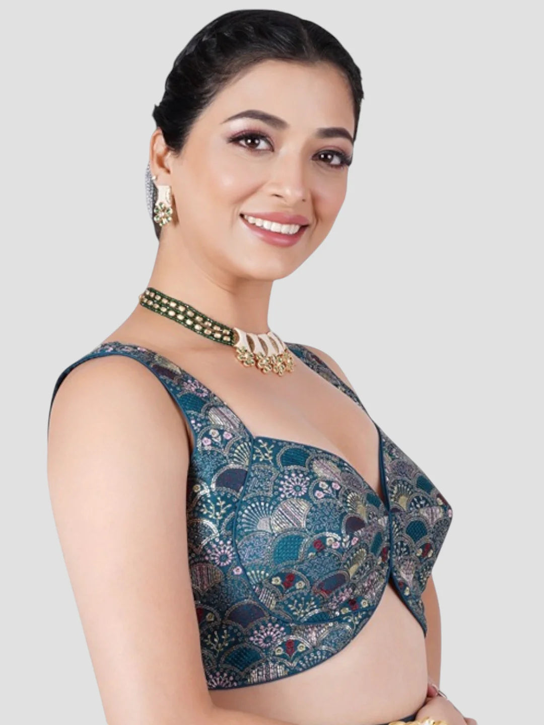 Green Brocade Deep Neck Sleeveless Readymade Blouse