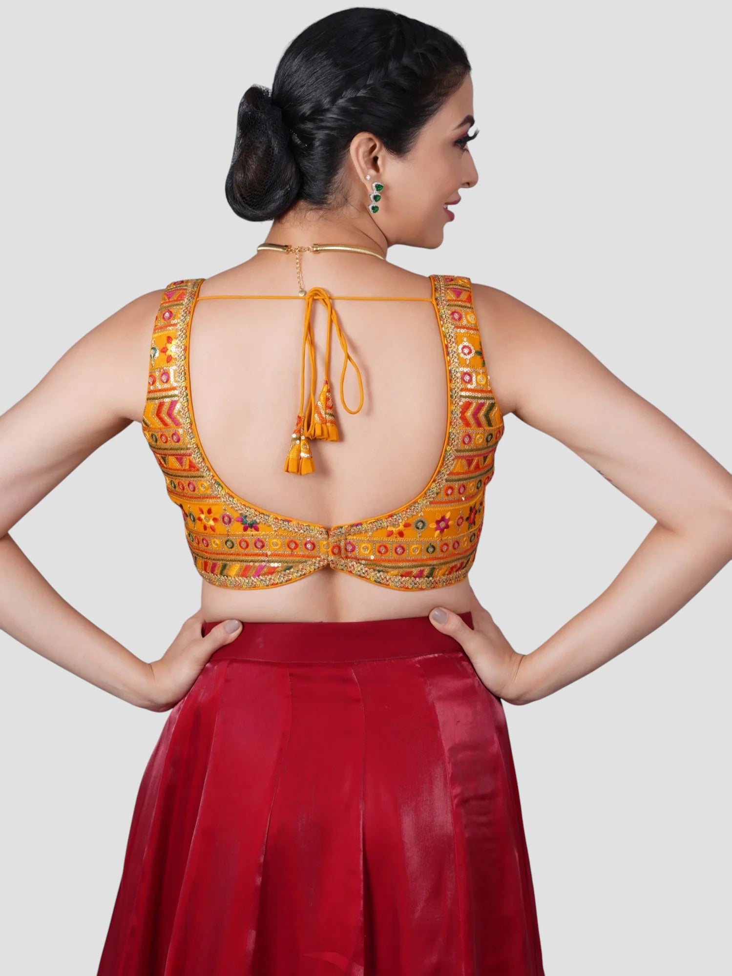 Yellow Sequence Threadwork Sleeveless Readymade Saree Blouse