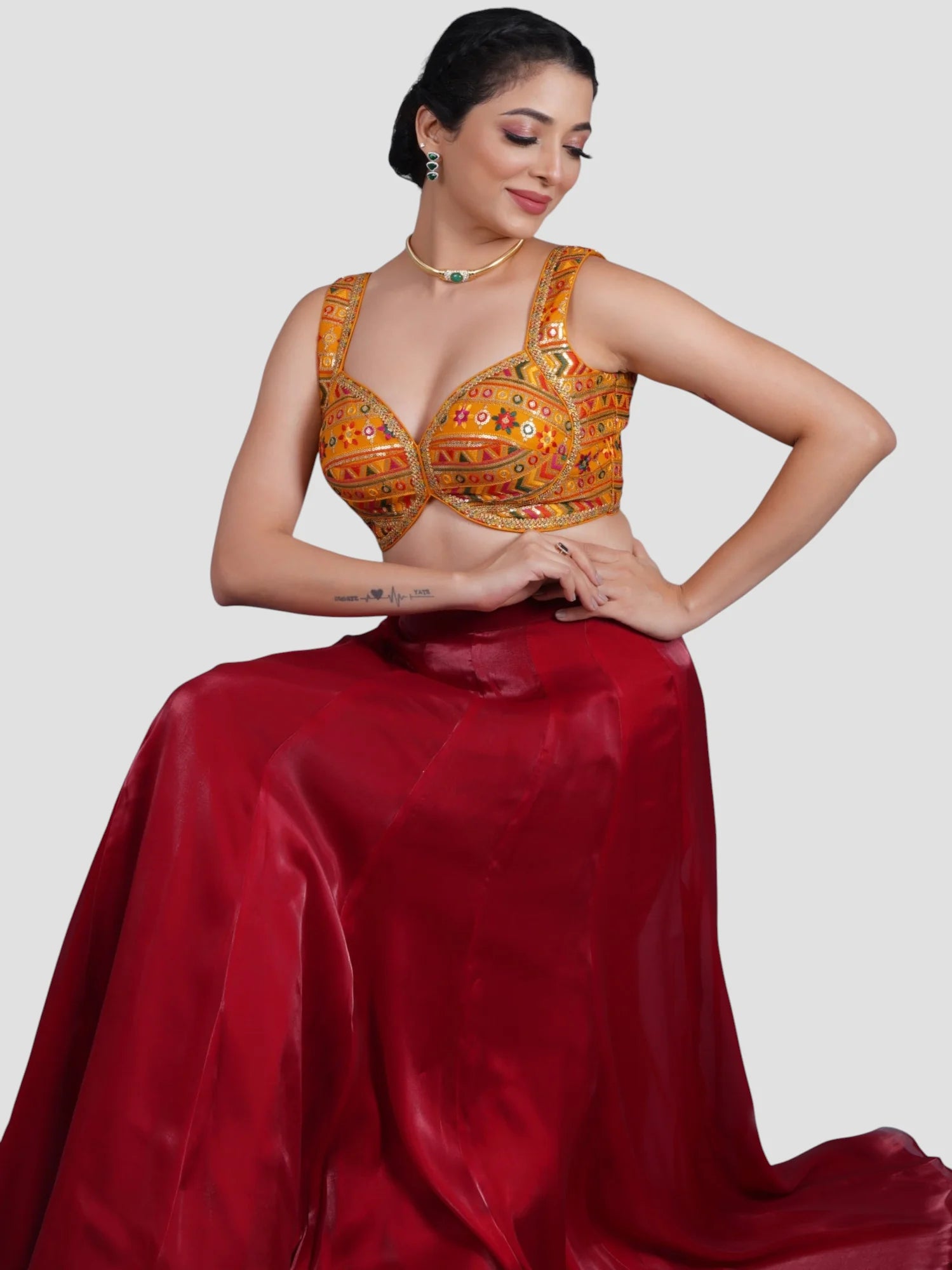 Yellow Sequence Threadwork Sleeveless Readymade Saree Blouse