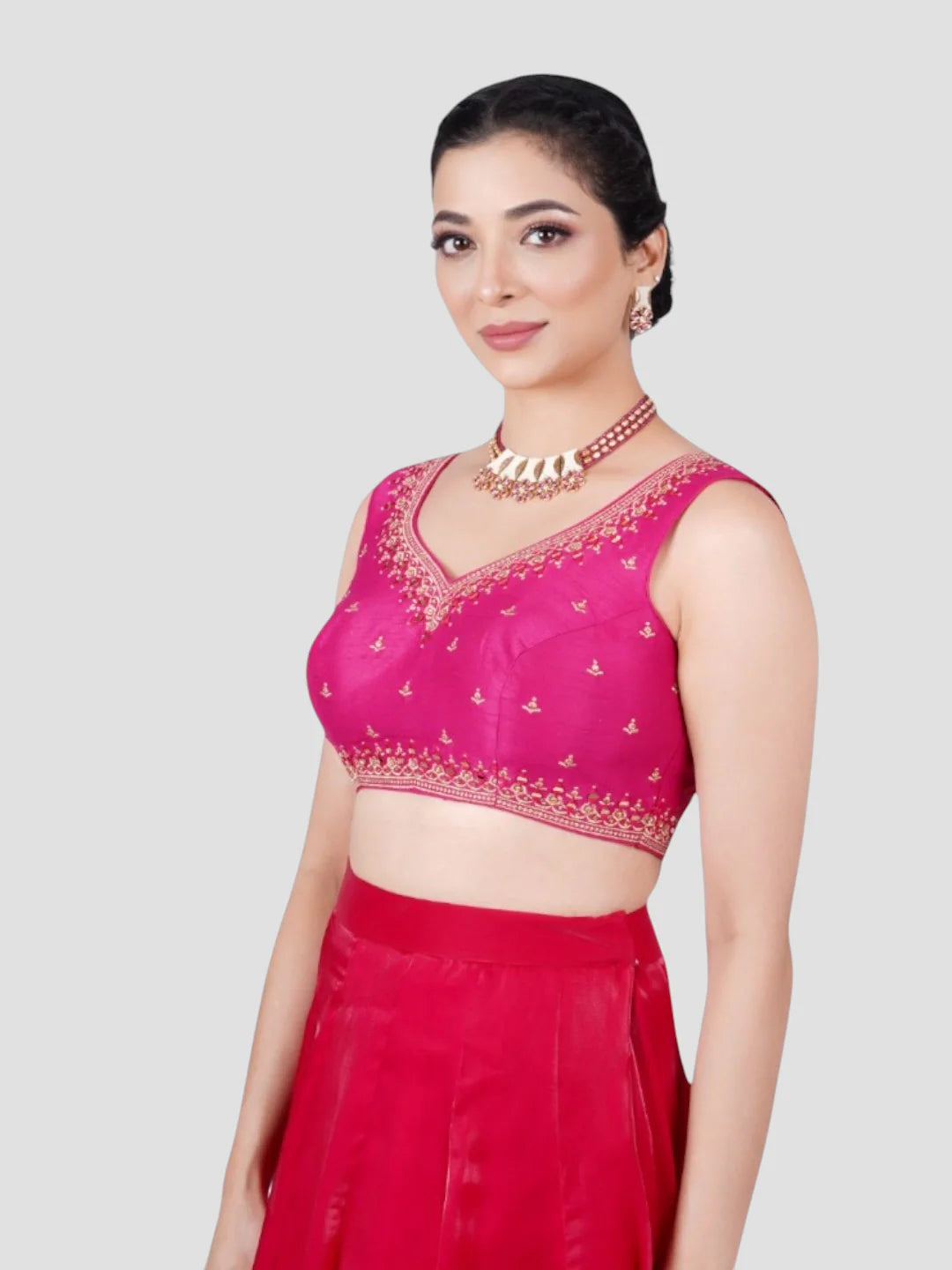 Rani Pink Embroidered Sleeveless Readymade Saree Blouse