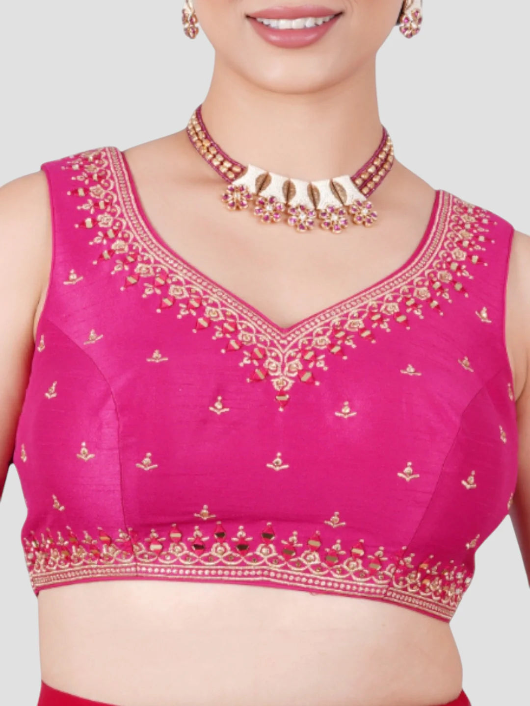 Rani Pink Embroidered Sleeveless Readymade Saree Blouse