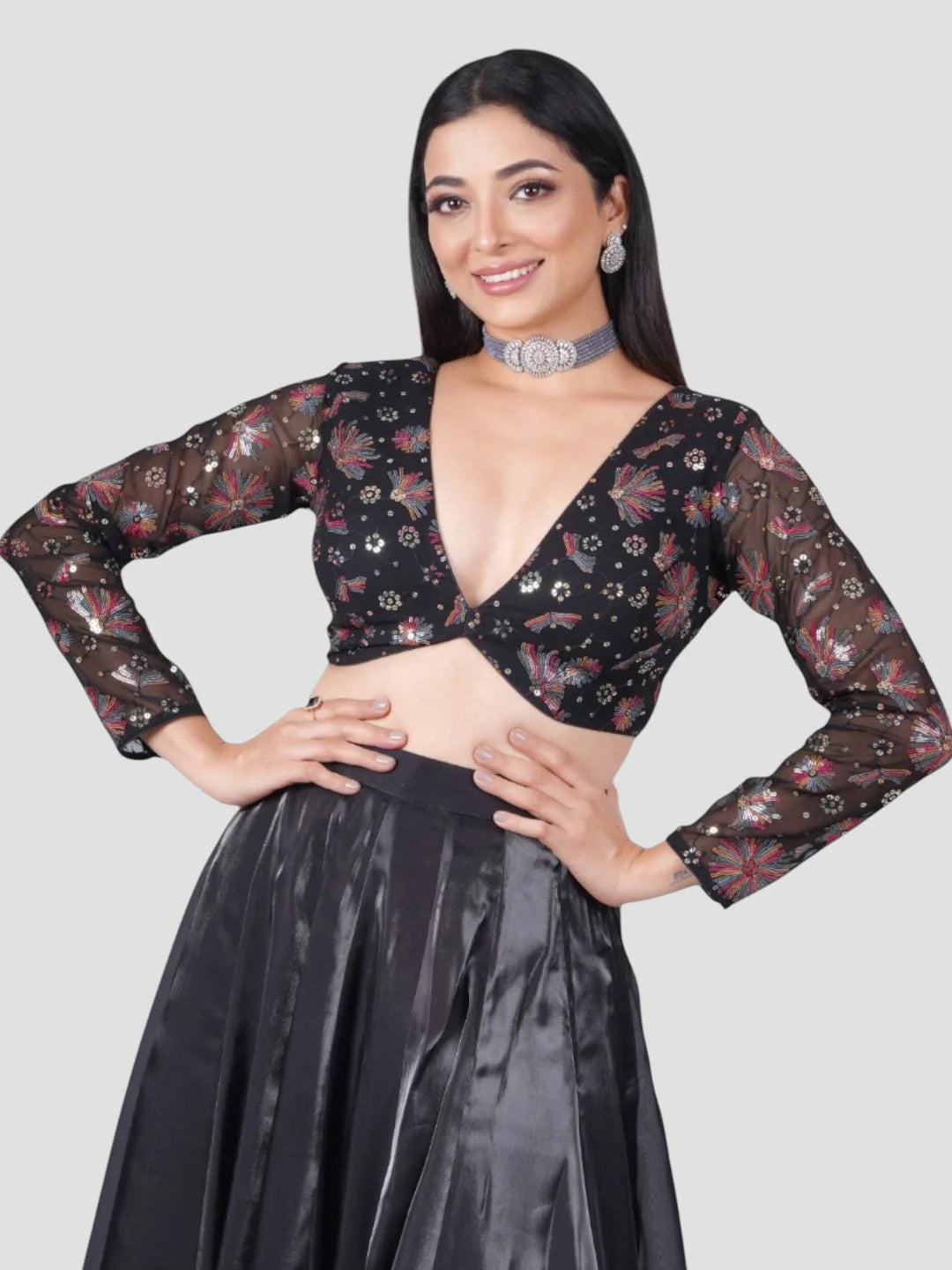 Black Sequence Georgette Deep Neck Full Sleeves Readymade Blouse