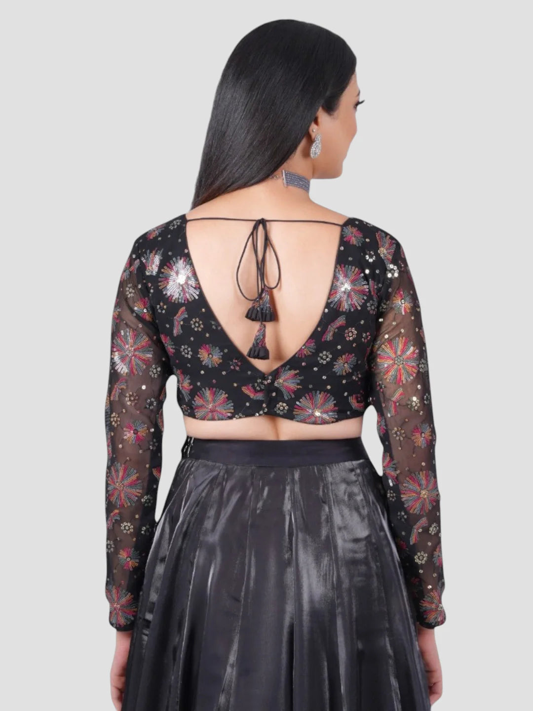 Black Sequence Georgette Deep Neck Full Sleeves Readymade Blouse