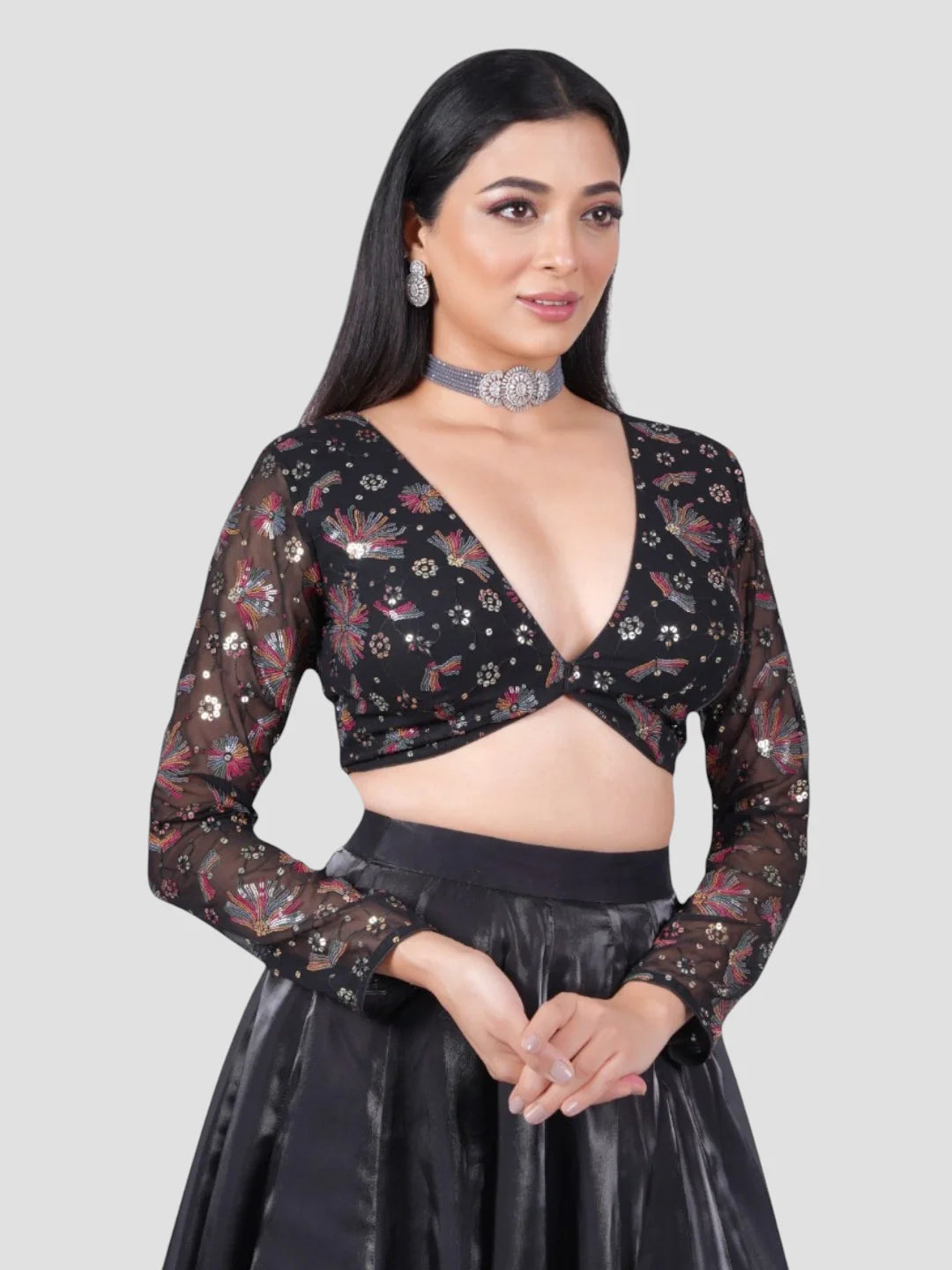 Black Sequence Georgette Deep Neck Full Sleeves Readymade Blouse