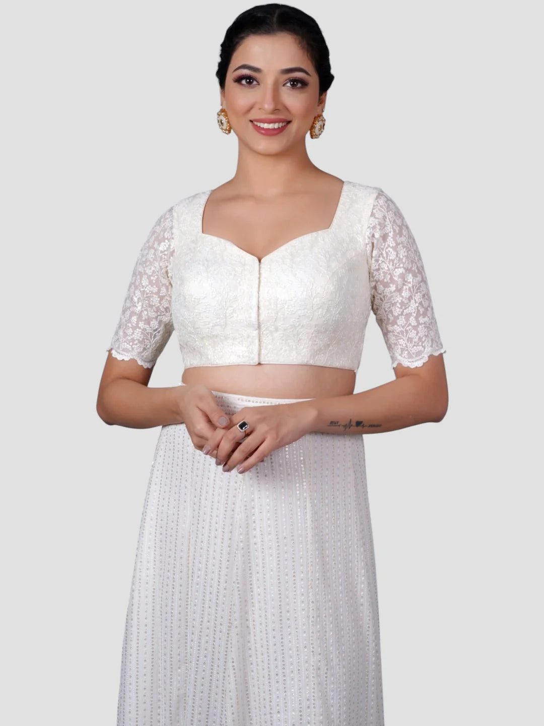 White Floral Net Half Sleeves Readymade Saree Blouse