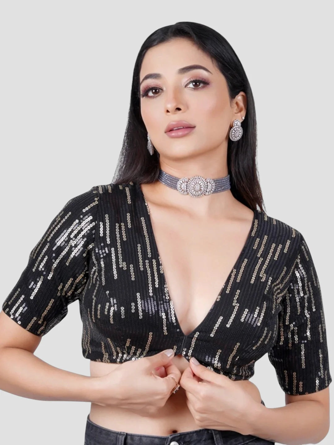 Black Sequence V Neck Half Sleeves Readymade Blouse