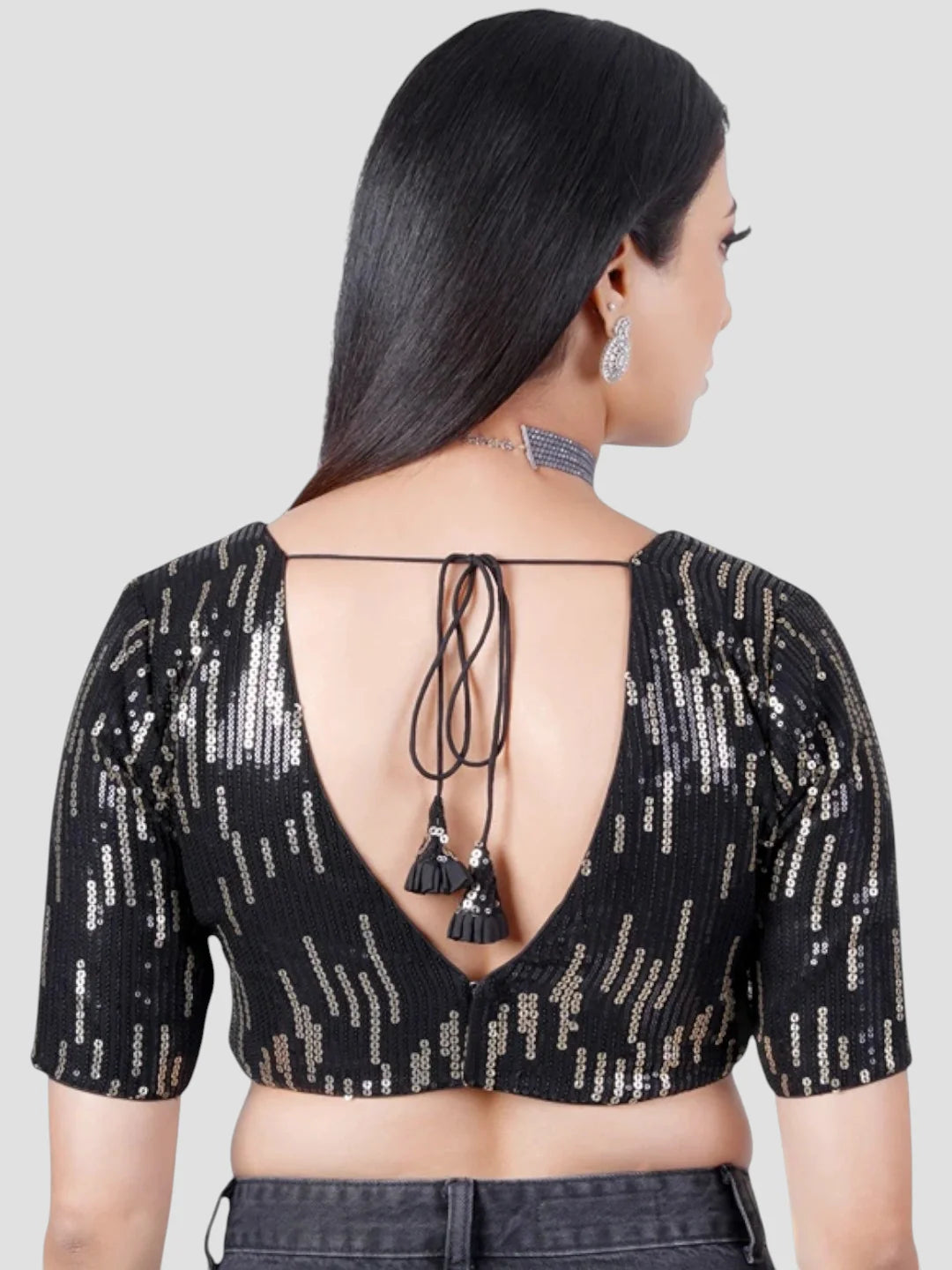 Black Sequence V Neck Half Sleeves Readymade Blouse