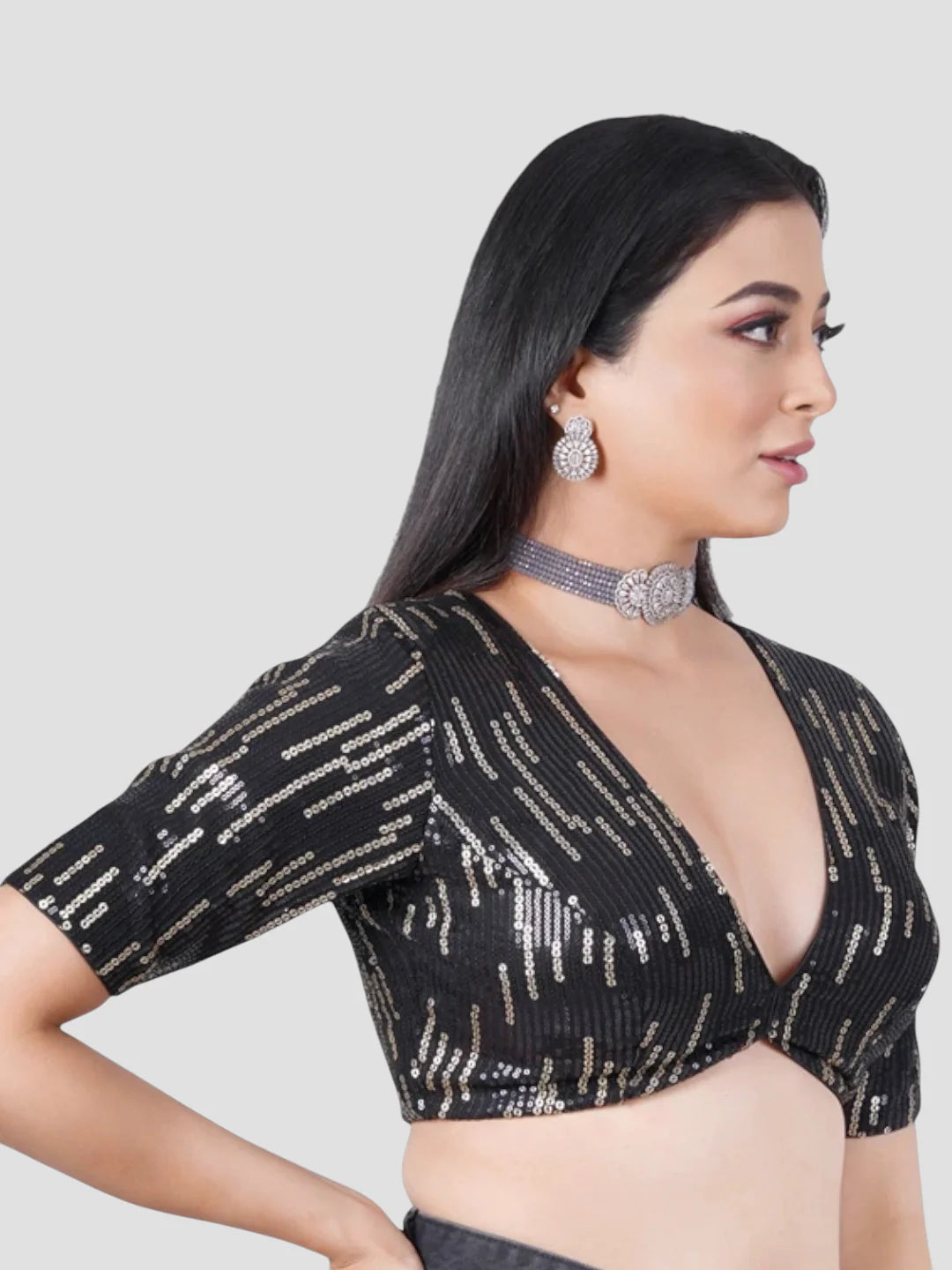 Black Sequence V Neck Half Sleeves Readymade Blouse